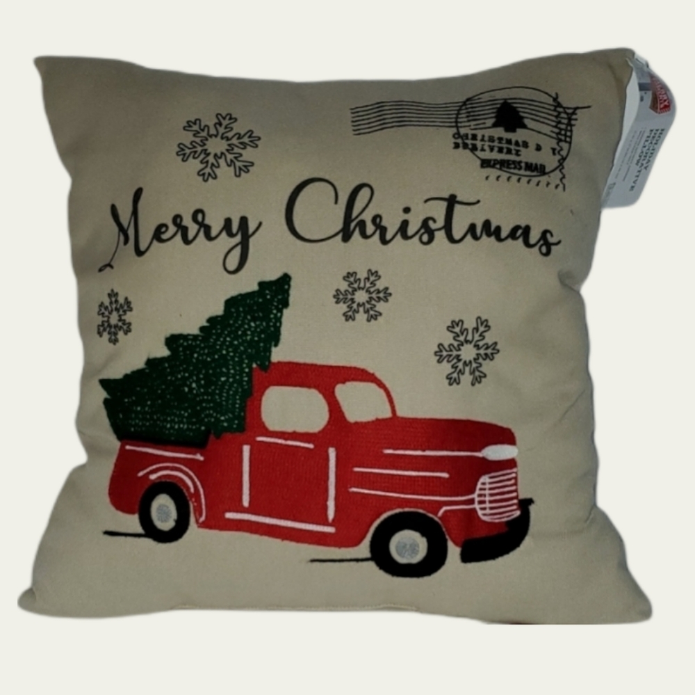 Pillow Merry Christmas Tree Old Red Truck Holiday Decor Decoration